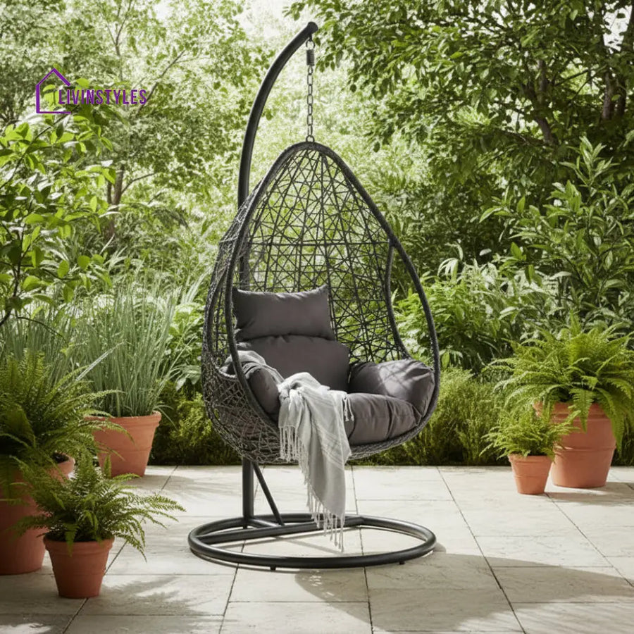 Edmondo Single Seater Hanging Swing With Stand For Balcony Garden Swing (Dark Brown) - Swings