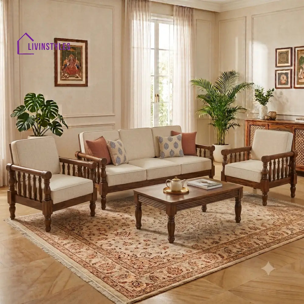 Eesha Wooden Sofa Set | 3 + 1 + 1 Sheesham Wood Sofa Set for Living Room