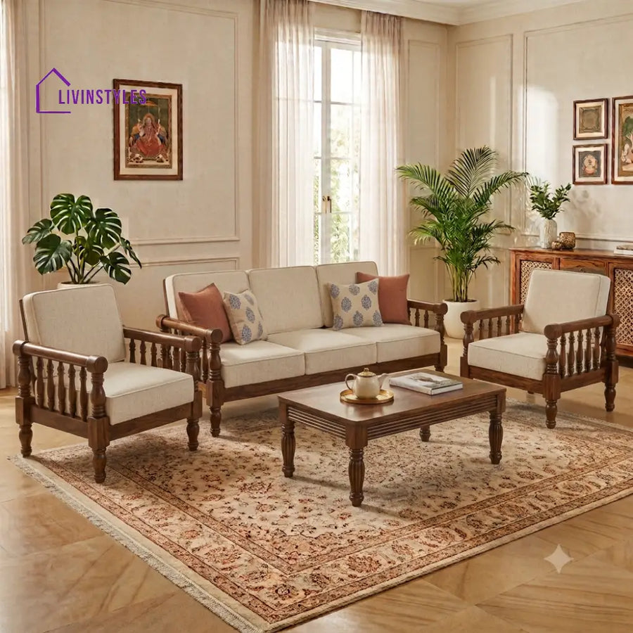 Eesha Wooden Sofa Set | 3 + 1 + 1 Sheesham Wood Sofa Set for Living Room