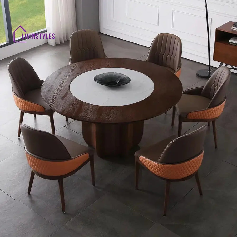 Ehan Marble Top Oak Wood Dining Table With walnut Finish