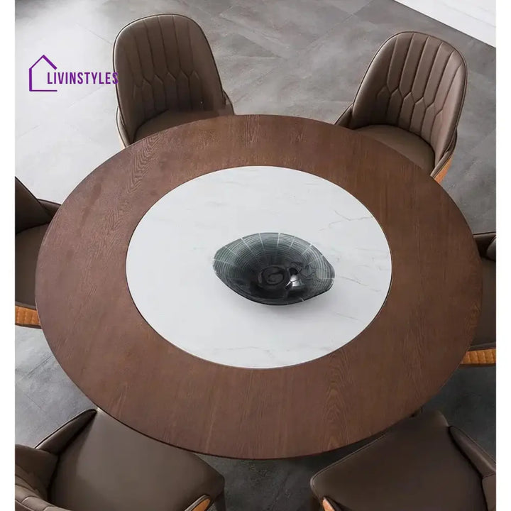 Ehan Marble Top Oak Wood Dining Table With walnut Finish White Oak Walnut Finish