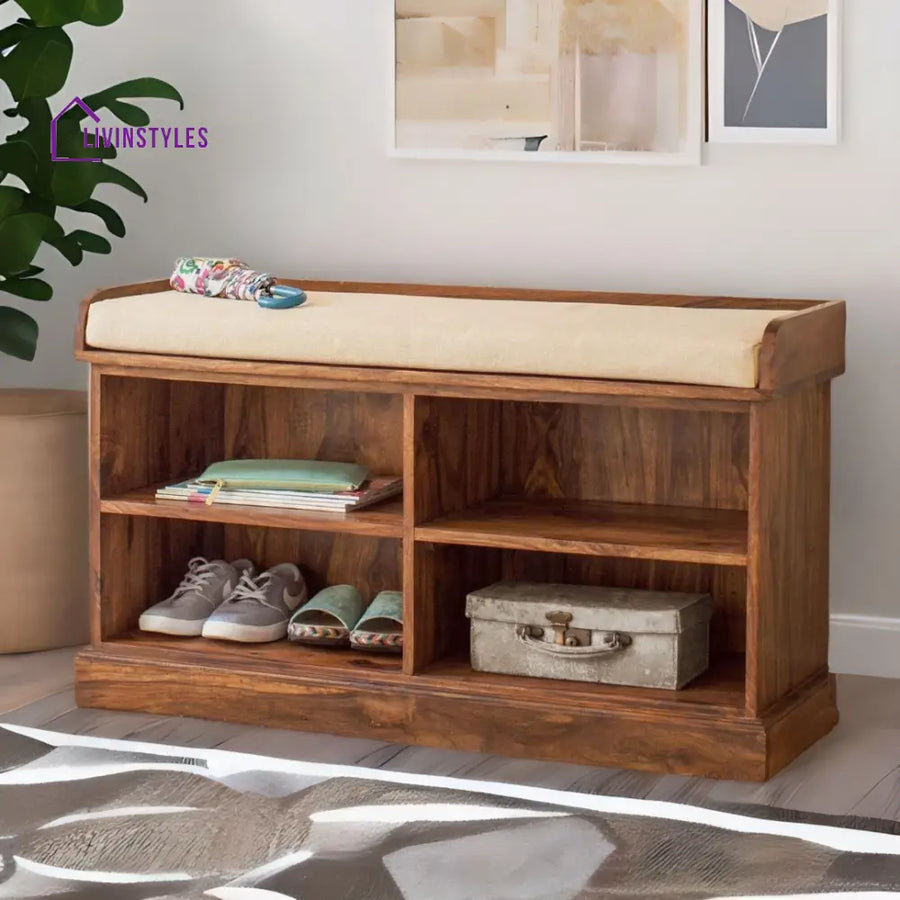 Ehan Sheesham Wood 4 Open Shelves Shoe Rack with Seating