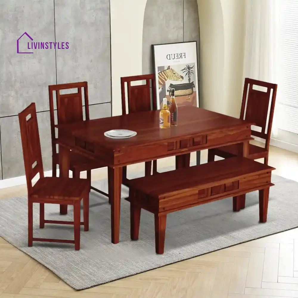 Niware Wooden 6 Seater Dining Set with Bench Honey Kitchen & Dining Furniture Sets