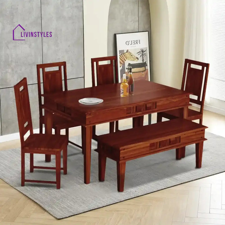 Niware Wooden 6 Seater Dining Set with Bench Honey Kitchen & Dining Furniture Sets