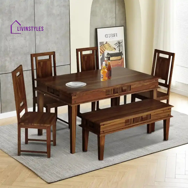 Niware Wooden 6 Seater Dining Set with Bench Teak Kitchen & Dining Furniture Sets