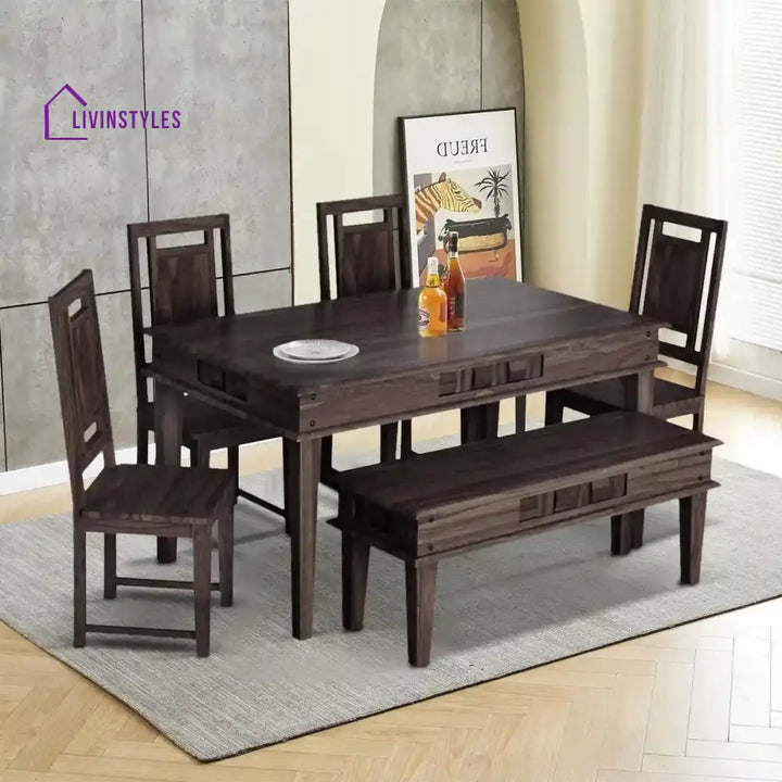Niware Wooden 6 Seater Dining Set with Bench Walnut Kitchen & Dining Furniture Sets