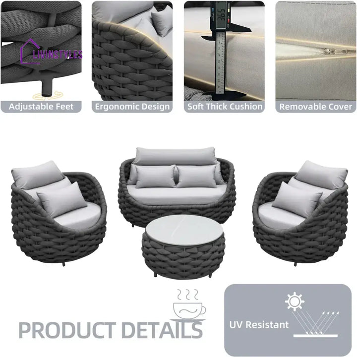 Eiva Outdoor Sofa Set 2 Seater 2 Single seater and 1 Center Table (Light Grey) Braided & Rope - Sofa Sets