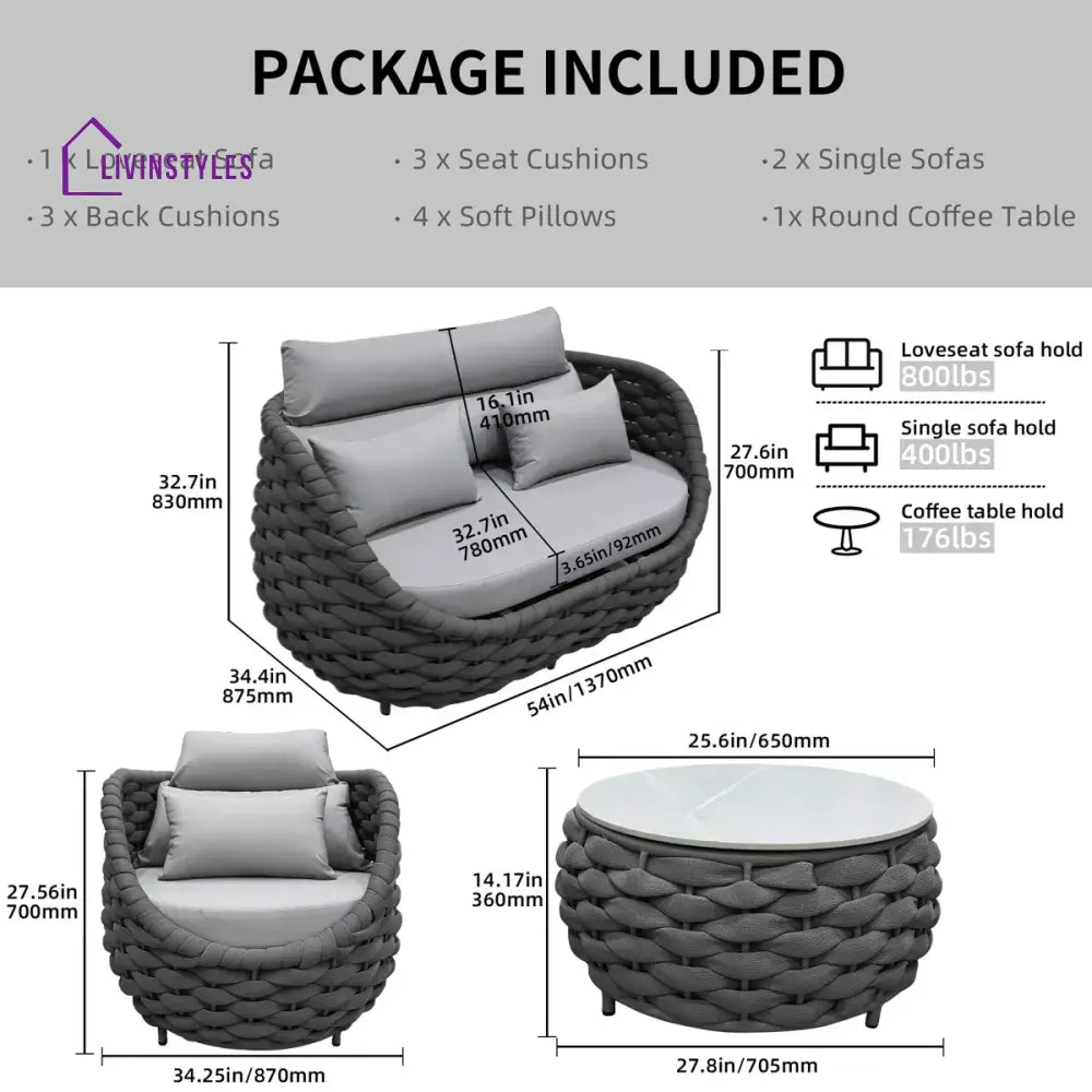Eiva Outdoor Sofa Set 2 Seater 2 Single seater and 1 Center Table (Light Grey) Braided & Rope - Sofa Sets