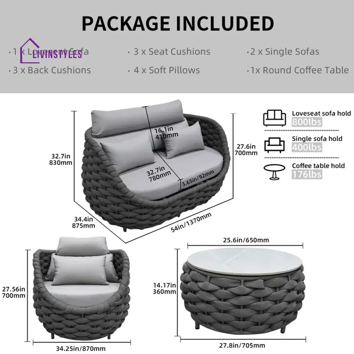 Eiva Outdoor Sofa Set 2 Seater 2 Single seater and 1 Center Table (Light Grey) Braided & Rope - Sofa Sets