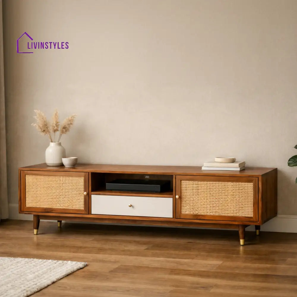 Eka Premium Solid Wood TV Unit with Cane Panel Cabinet
