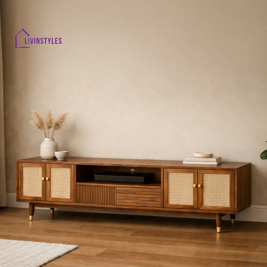 Ekaa Premium Solid Wood TV Unit with Cane Panel Cabinet
