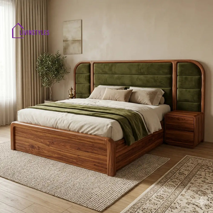 Ekaterina Premium Sheesham Wood Bed with Velvet Headboard
