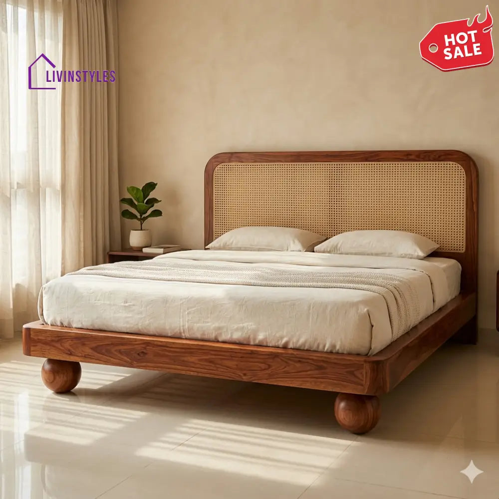 Ekaterina Sheesham Wood Bed with Ball Shaped Legs and Cane Weaving Headboard