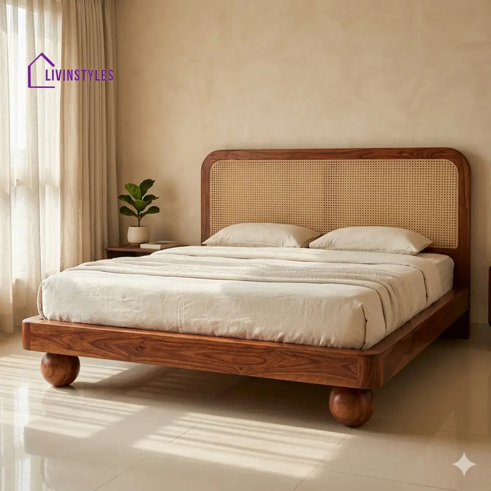 Ekaterina Sheesham Wood Bed with Ball Shaped Legs and Cane Weaving Headboard