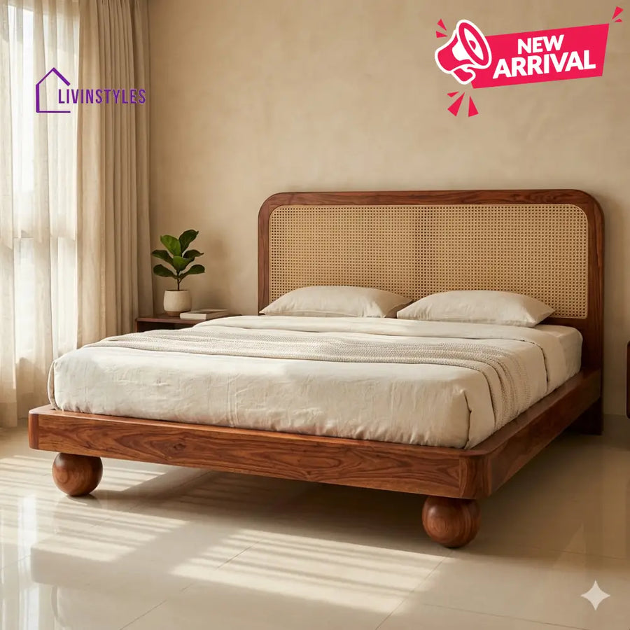 Ekaterina Sheesham Wood Bed with Ball Shaped Legs and Cane Weaving Headboard