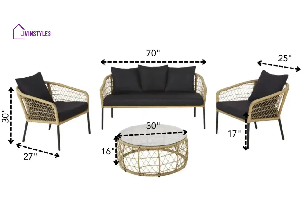 Eladio Outdoor Sofa Set 3 Seater 2 Single seater and 1 Center Table (Light Brown) Braided & Rope - Sofa Sets