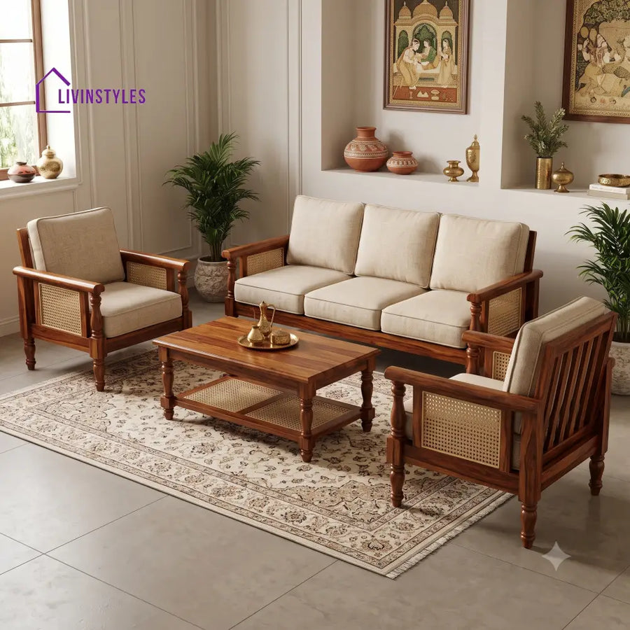 Elakkiya Wooden Sofa Set | 3 + 1 + 1 Sheesham Wood Sofa Set for Living Room
