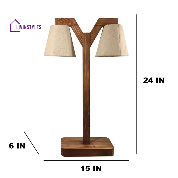 Elania Wooden Table Lamp With Brown Base And White Fabric Lampshade Lamps