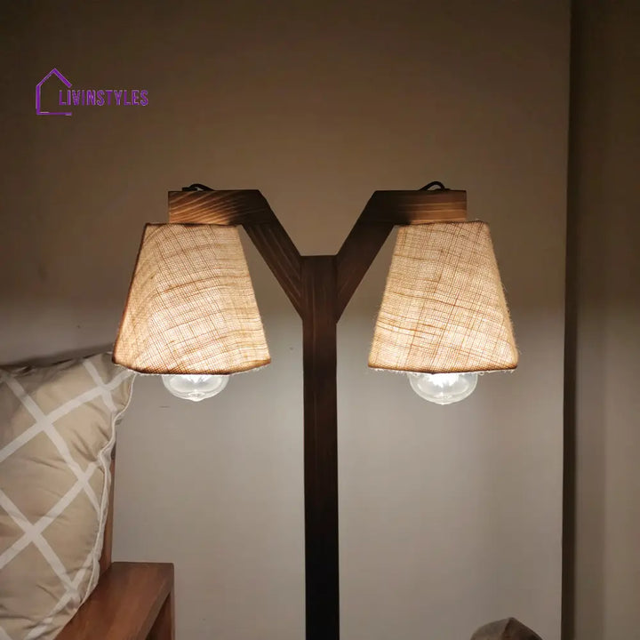 Elania Wooden Table Lamp With Brown Base And White Fabric Lampshade Lamps