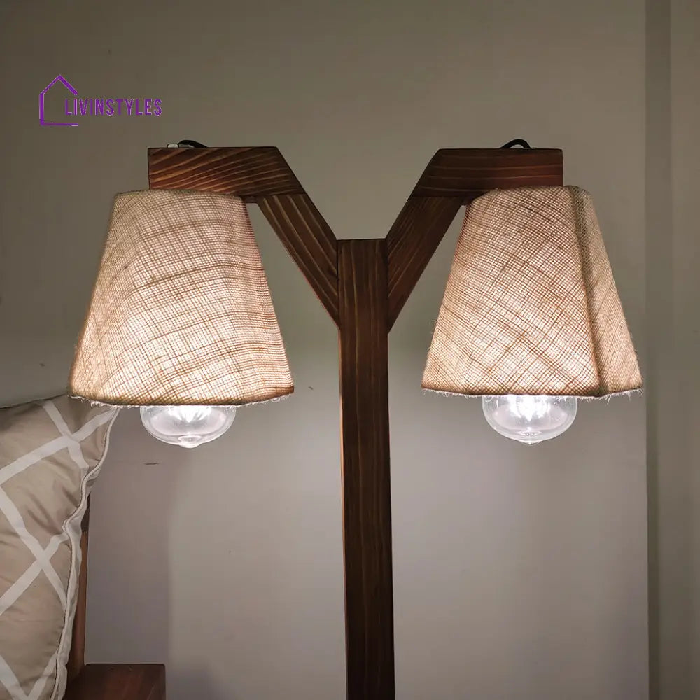 Elania Wooden Table Lamp With Brown Base And White Fabric Lampshade Lamps