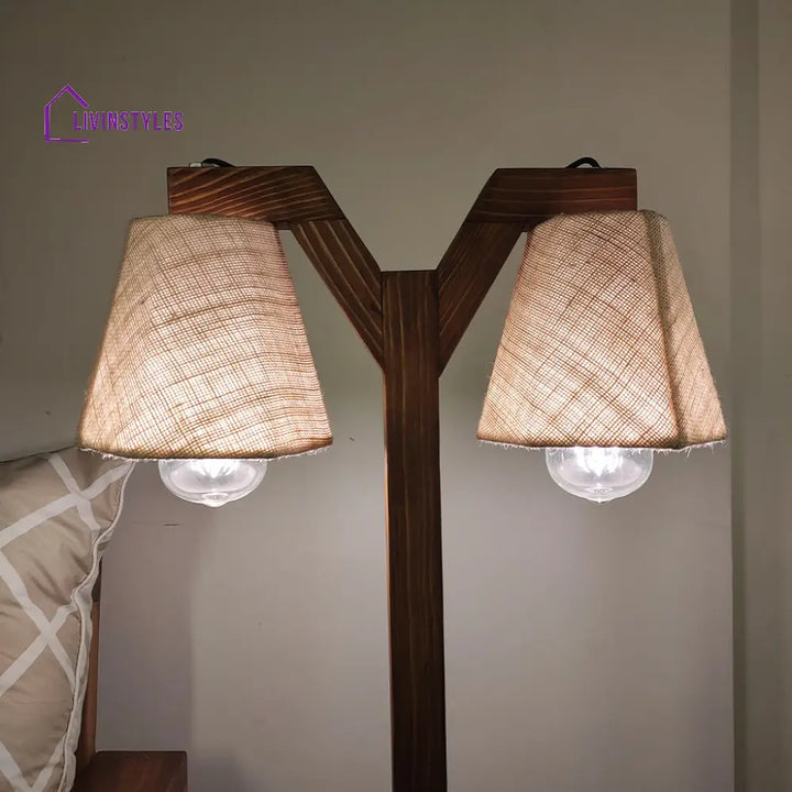 Elania Wooden Table Lamp With Brown Base And White Fabric Lampshade Lamps