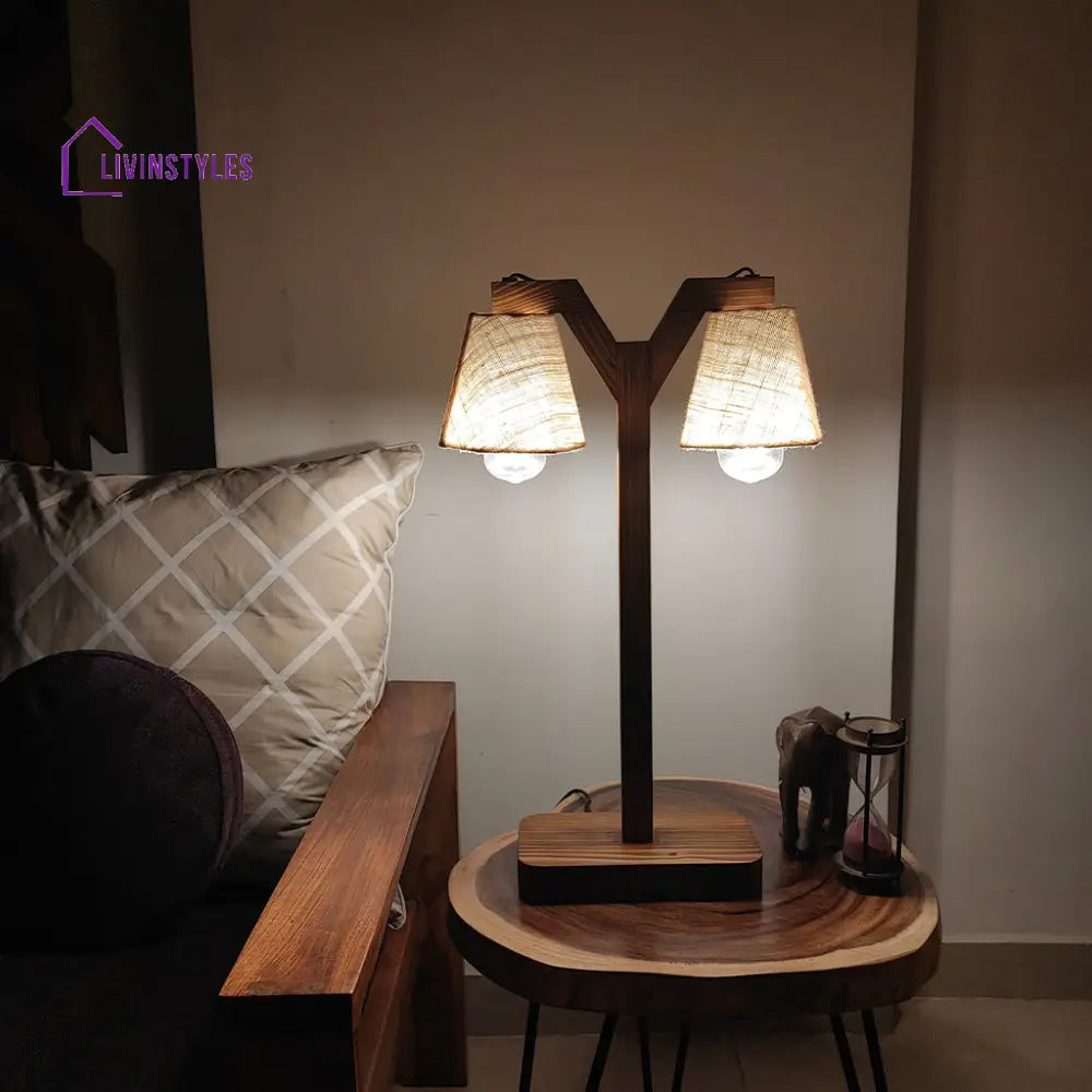 Elania Wooden Table Lamp With Brown Base And White Fabric Lampshade Lamps