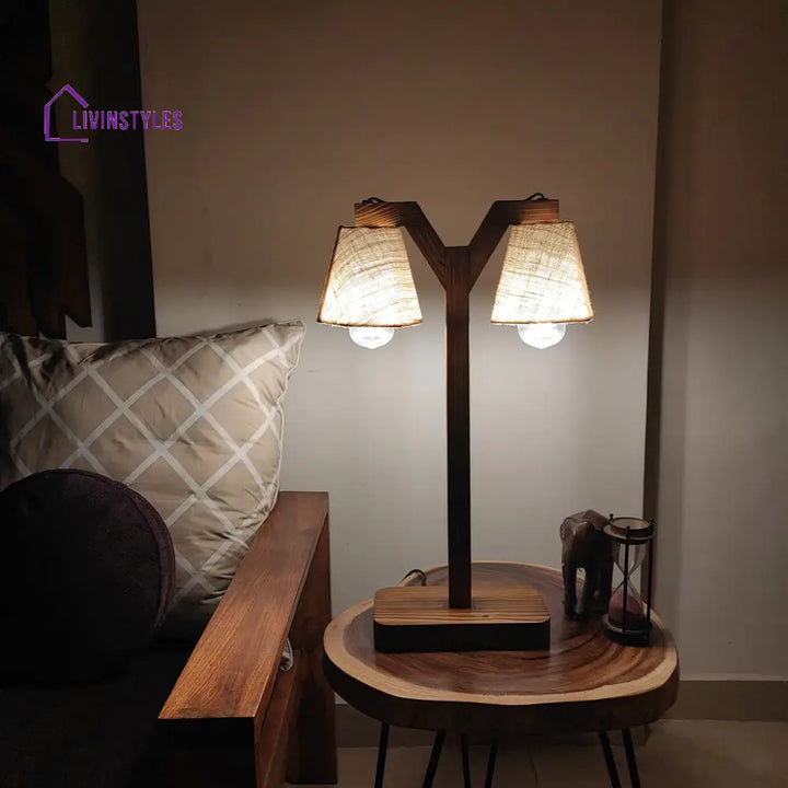 Elania Wooden Table Lamp With Brown Base And White Fabric Lampshade Lamps