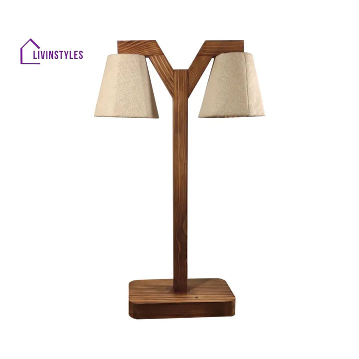 Elania Wooden Table Lamp With Brown Base And White Fabric Lampshade Lamps