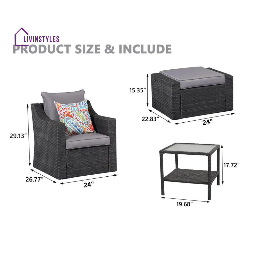 Elda Outdoor Patio Sofa Set 2 Single Seater 2 ottoman and 1 Center Table Set (GREY) - Sofa Sets