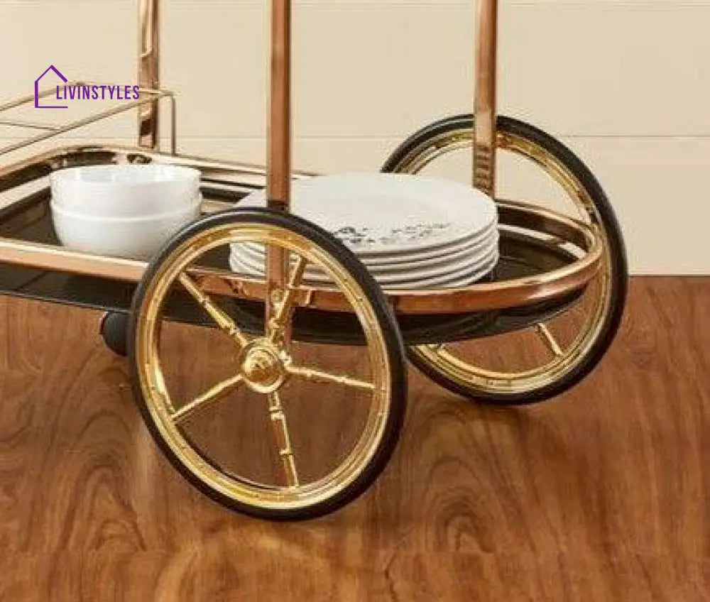 Elegant And Stylish Latvia Golden Bar Cart Trolley 2 Tier Serveware