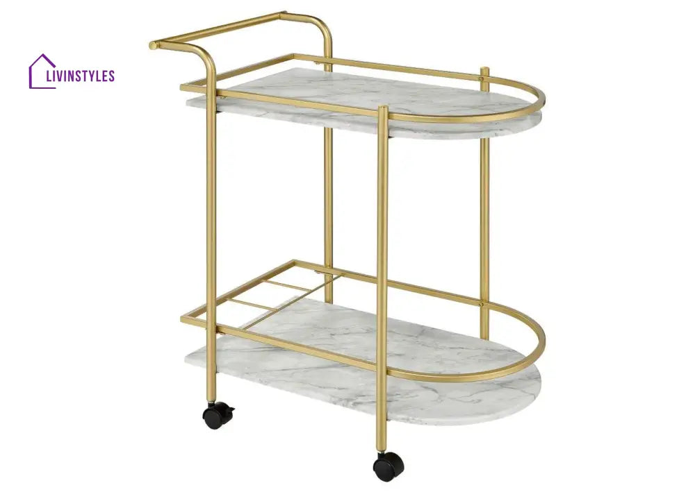 Elegant Oval Trolley With Marble Top - 2 Tier Serving Cart Trays