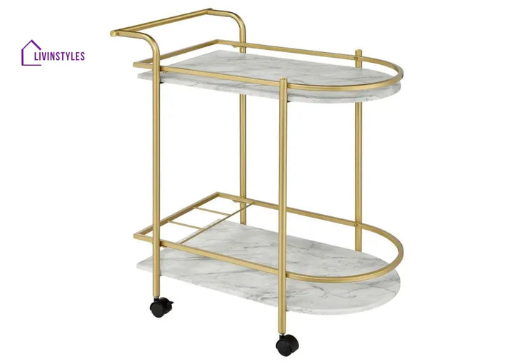 Elegant Oval Trolley With Marble Top - 2 Tier Serving Cart Trays
