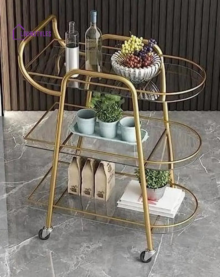 Elegant Three Tier Bar Cart Trolley With Clear Glass Serving Trays
