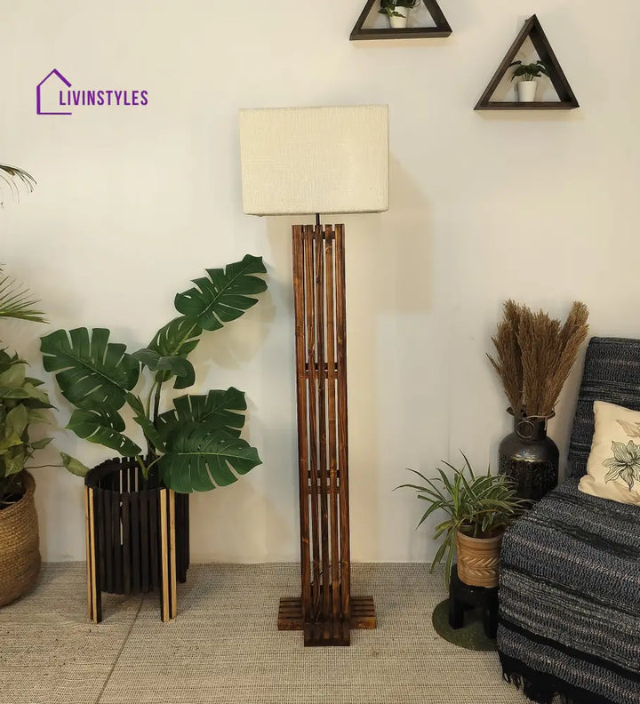 Elegant Wooden Floor Lamp With Brown Base And Premium Beige Fabric Lampshade Lamps