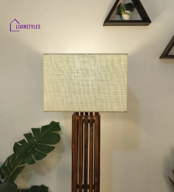 Elegant Wooden Floor Lamp With Brown Base And Premium Beige Fabric Lampshade Lamps