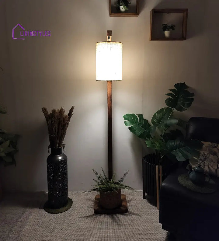 Elementary Wooden Floor Lamp With Brown Base And White Fabric Lampshade Lamps