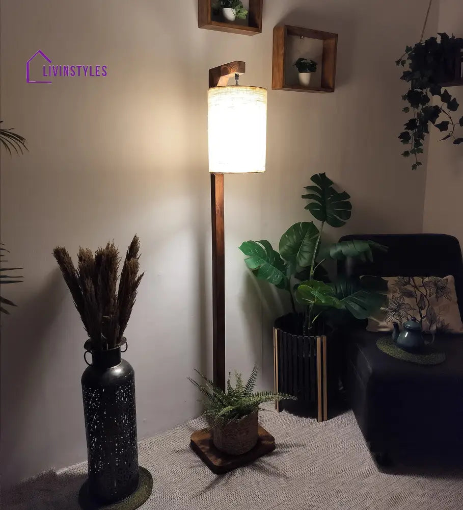 Elementary Wooden Floor Lamp With Brown Base And White Fabric Lampshade Lamps