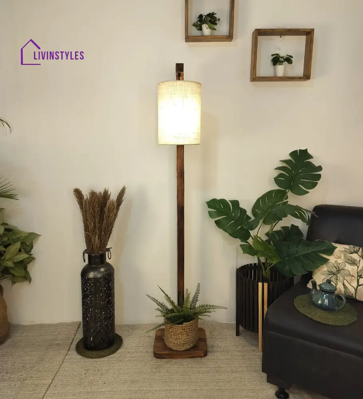 Elementary Wooden Floor Lamp With Brown Base And White Fabric Lampshade Lamps