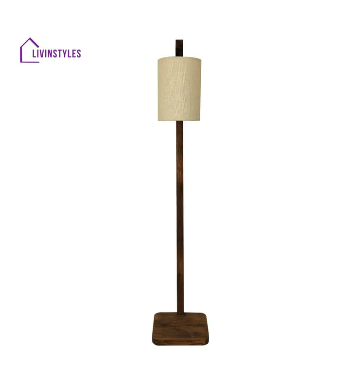 Elementary Wooden Floor Lamp With Brown Base And White Fabric Lampshade Lamps