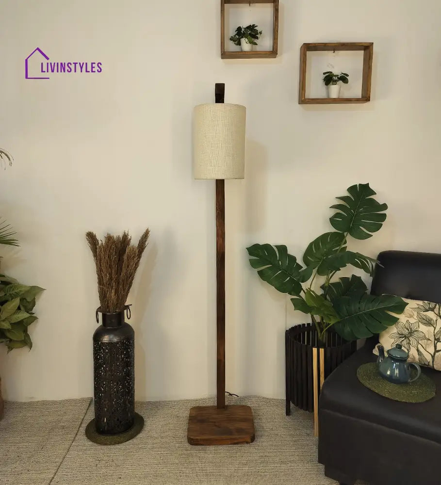 Elementary Wooden Floor Lamp With Brown Base And White Fabric Lampshade Lamps