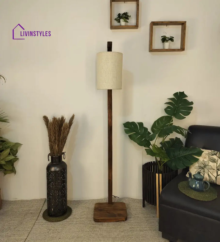 Elementary Wooden Floor Lamp With Brown Base And White Fabric Lampshade Lamps