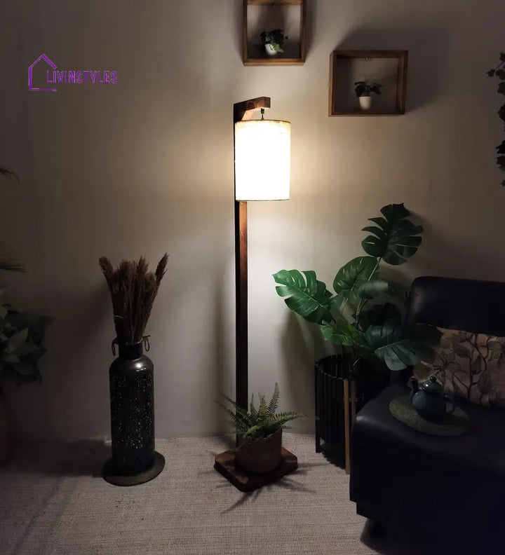 Elementary Wooden Floor Lamp With Brown Base And White Fabric Lampshade Lamps