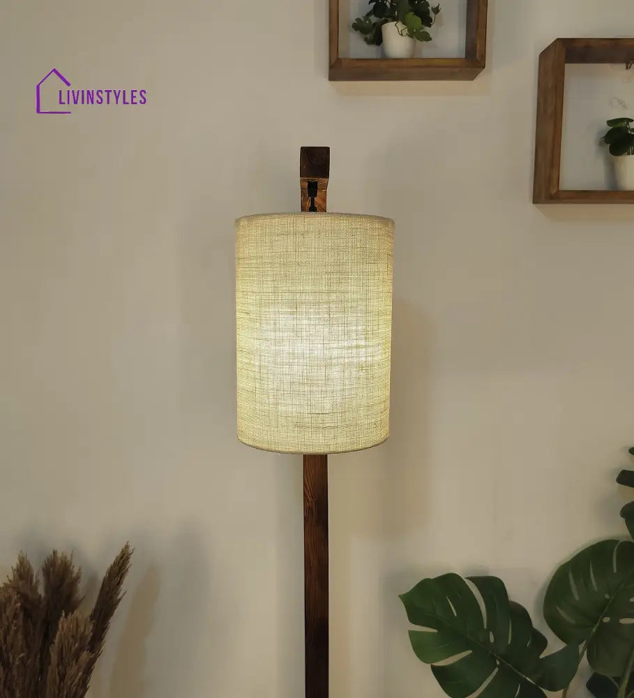 Elementary Wooden Floor Lamp With Brown Base And White Fabric Lampshade Lamps