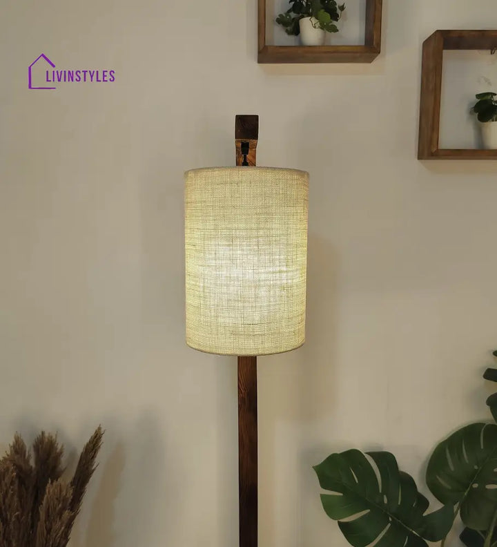 Elementary Wooden Floor Lamp With Brown Base And White Fabric Lampshade Lamps