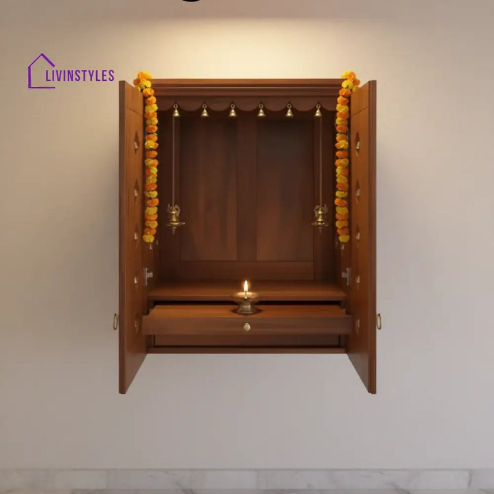Elena - Traditional Pooja Mandir for Home with Doors Brass Bells & Lamps | Handcrafted Wooden Home Temple