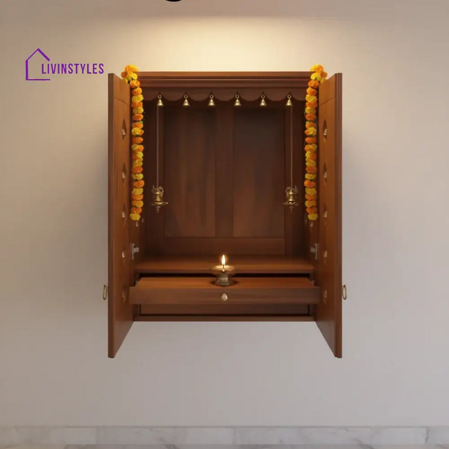 Elena - Traditional Pooja Mandir for Home with Doors Brass Bells & Lamps | Handcrafted Wooden Home Temple