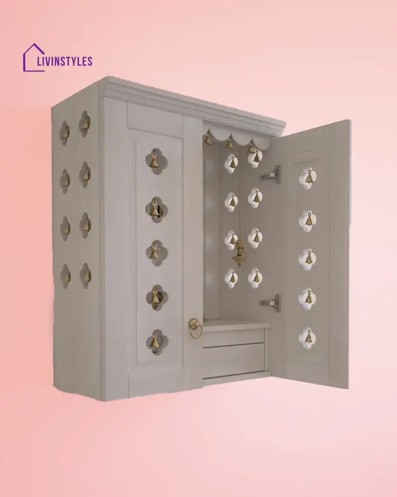 Elena - Traditional Pooja Mandir for Home with Doors Brass Bells & Lamps | Handcrafted Wooden Home Temple