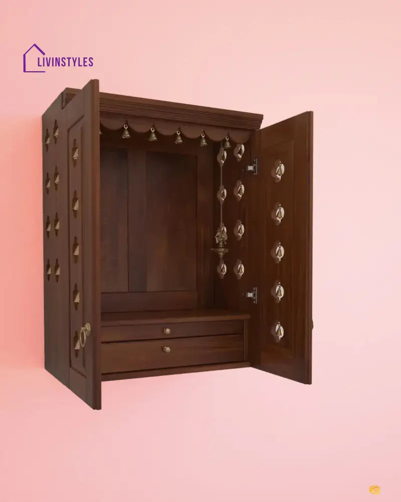 Elena - Traditional Pooja Mandir for Home with Doors Brass Bells & Lamps | Handcrafted Wooden Home Temple
