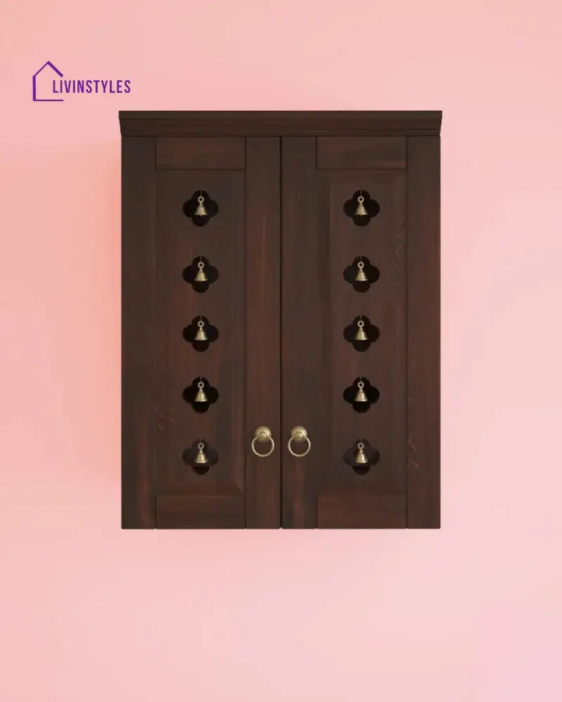 Elena - Traditional Pooja Mandir for Home with Doors Brass Bells & Lamps | Handcrafted Wooden Home Temple