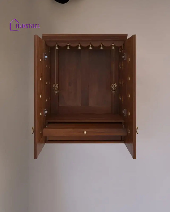 Elena - Traditional Pooja Mandir for Home with Doors Brass Bells & Lamps | Handcrafted Wooden Home Temple